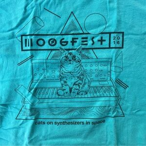Moogfest 2016 synthesizer cat t-shirt, aqua